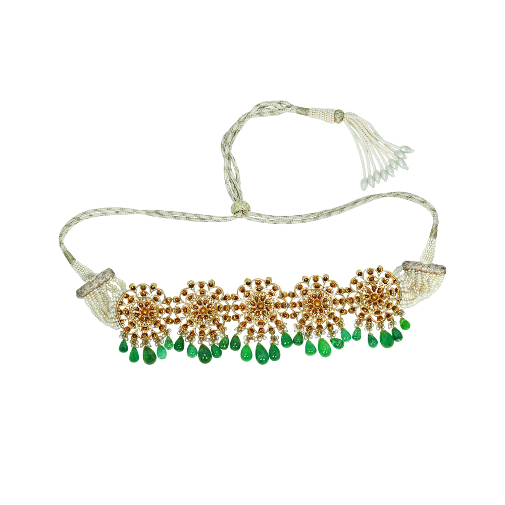 Polki Choker Set with Emerald Drops and Floral Motifs